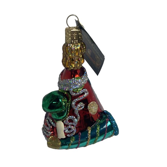 Old World Christmas Red Green Gold Party Hat Glass Ornament 3.5  inch - Picture 1 of 5